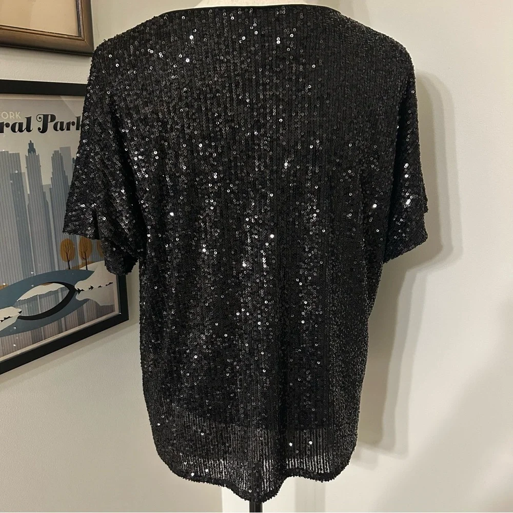 Melloday Black Sequin Short Sleeve Top | Size Large | Lined Party Blouse